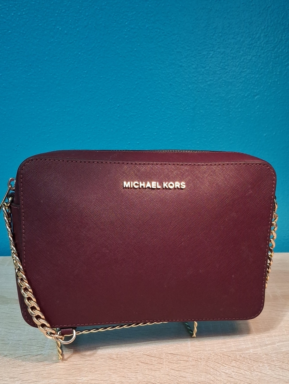Michael Kors Jet Set East West Crossbody Bag in Deep Burgundy with Gold Hardware